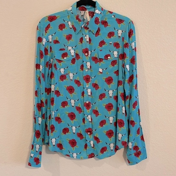 Roper Women Shirt Small Blue Rose & Steer Head Opal Snap Western Coastal Cowgirl - Picture 1 of 15